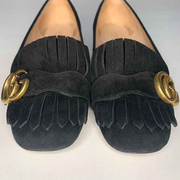 Gucci Marmont Flats GG Kiltie Fringe Suede Loafer Black Size EU 36.5 US 6.5 - Picture 3 of 11